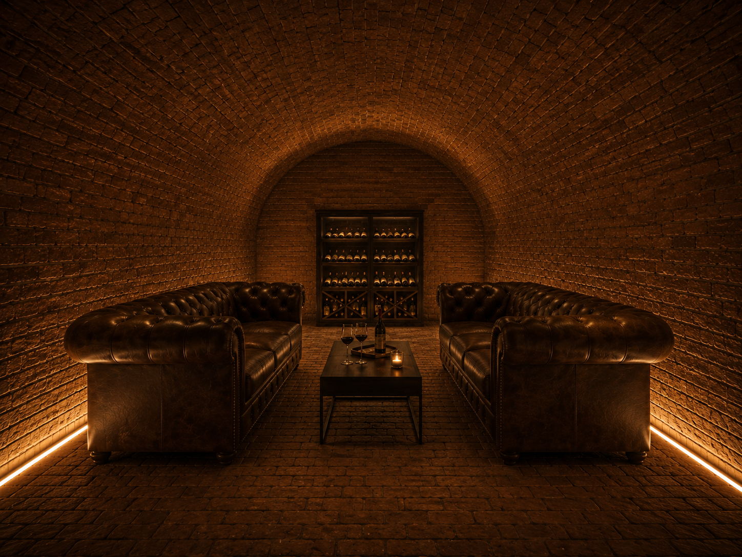 Deep brick cellar furnished with two leather sofas, a low table and a lit wine rack at the far wall