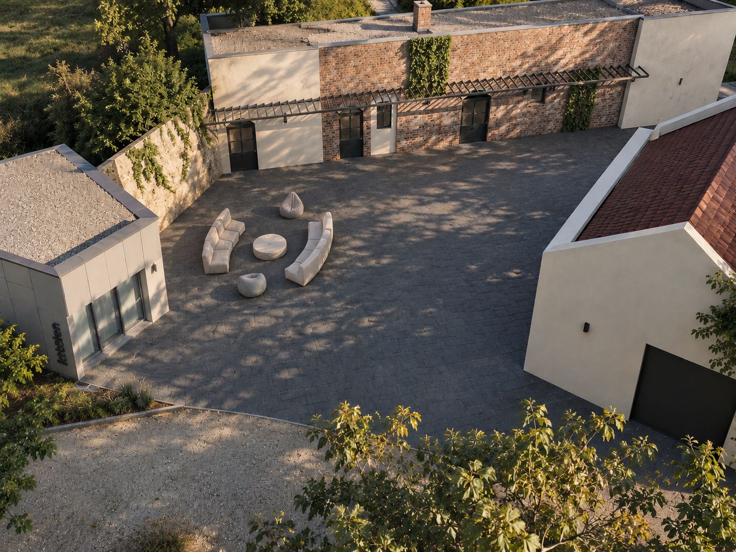 The arrival courtyard from above, cellar doors along the pergola wall