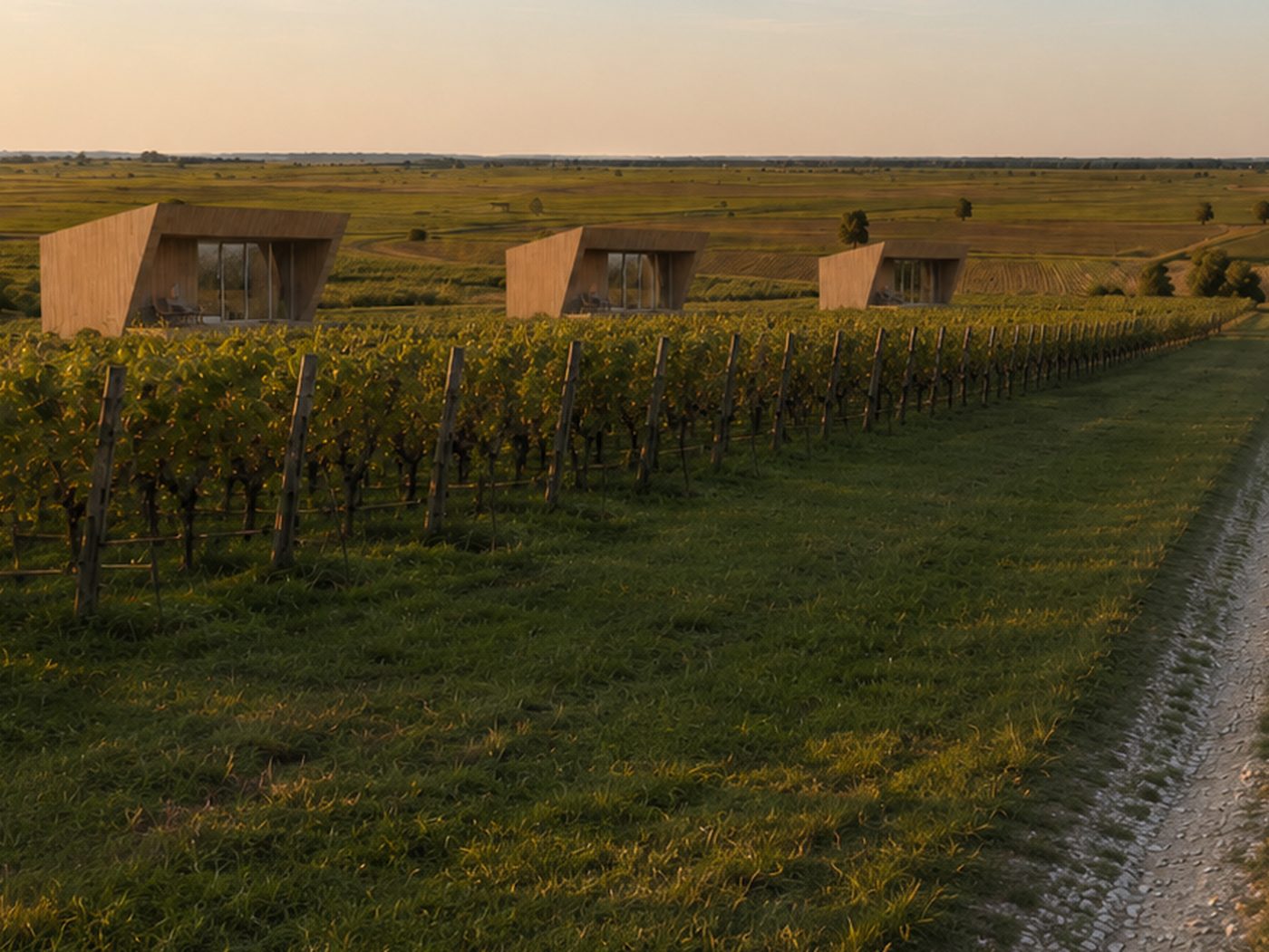 Timber lodges set along a vineyard row, the Baranja plain opening out behind them at sunset