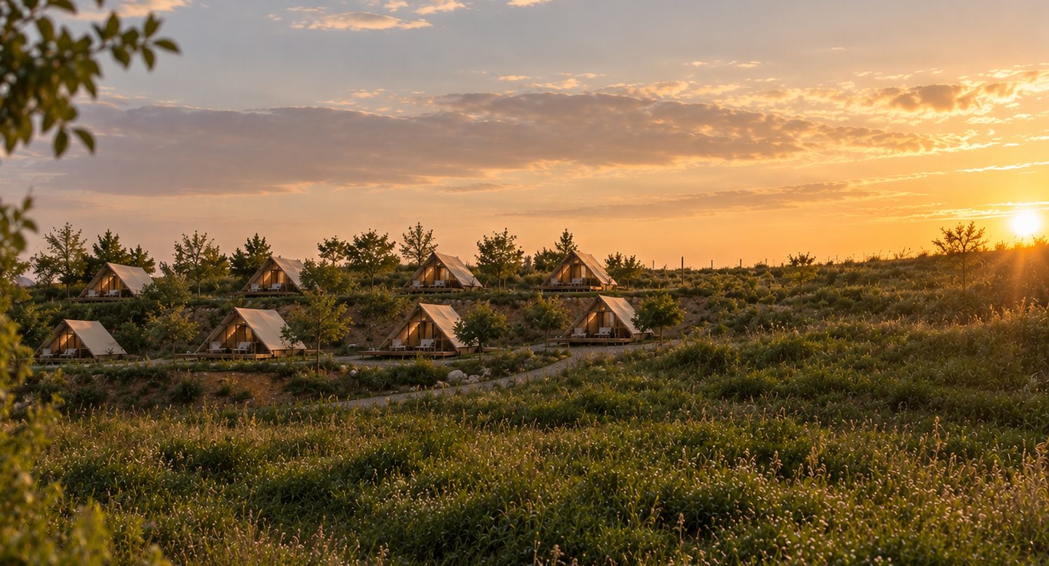 Canvas tents on timber decks stepped across two terraces, evening sun over the plain behind